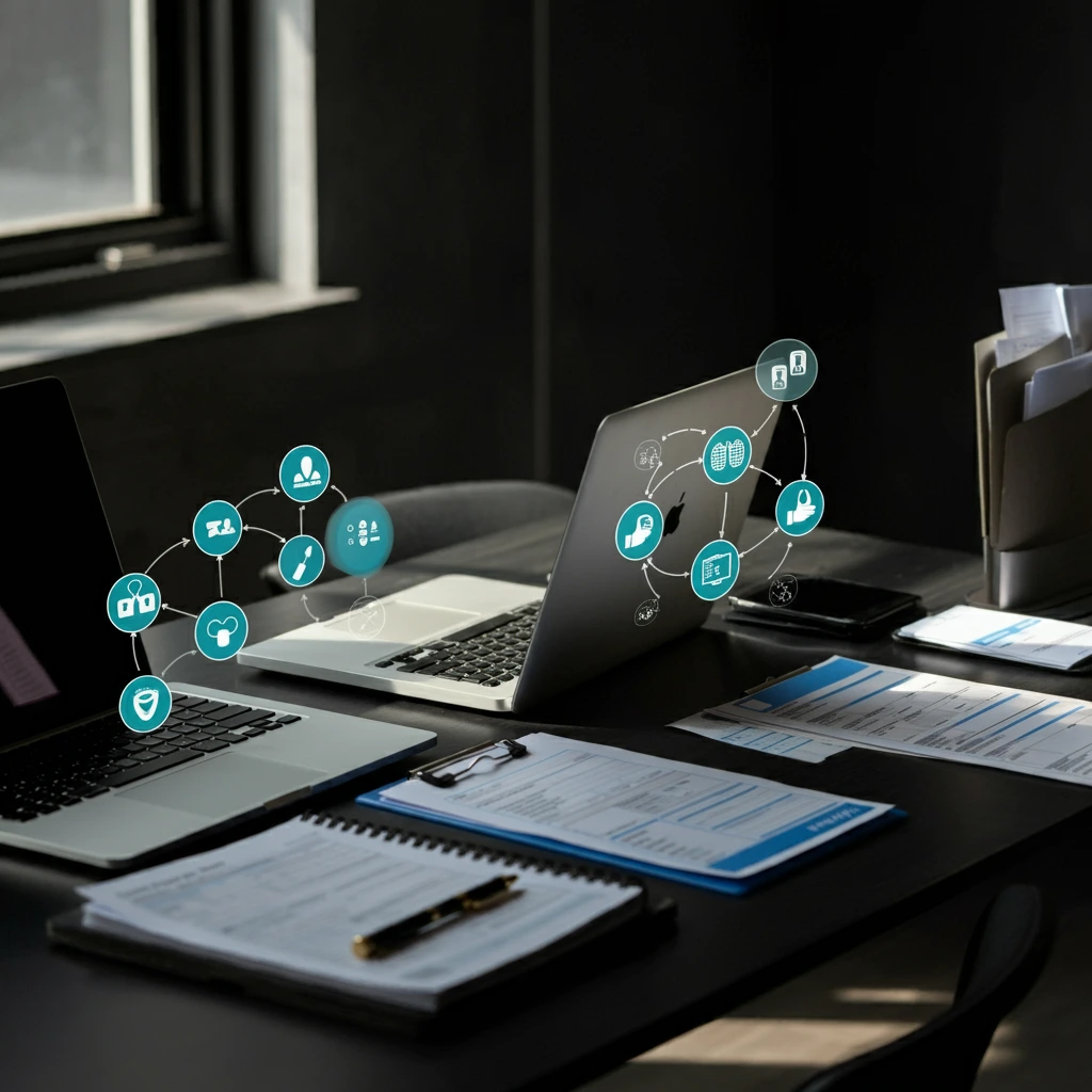 Two laptops on a desk with digital network icons overlayed