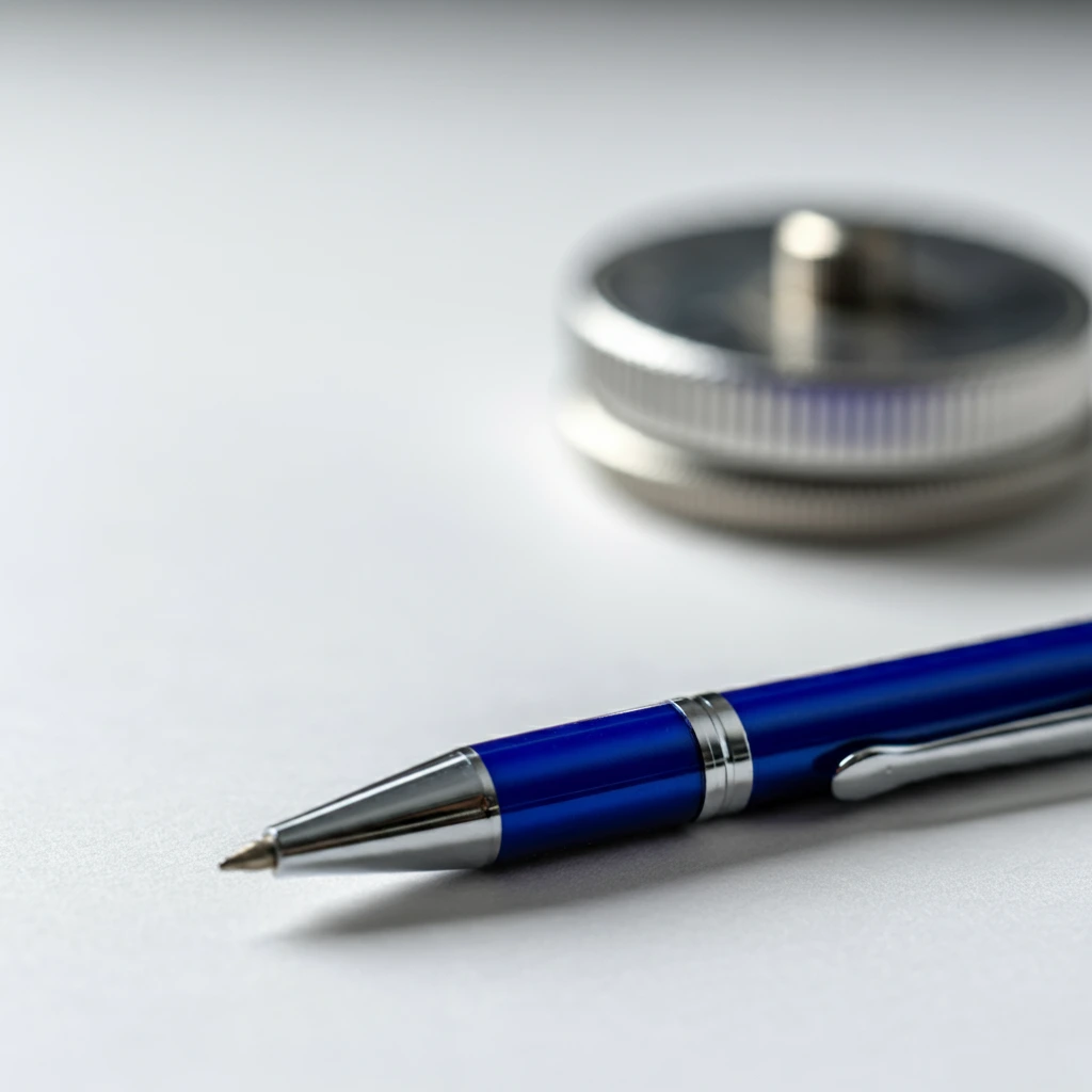 A close-up of a blue Pilot Evolt 0.7 mm ballpoint pen lying on a white surface. A blurred silver object is in the background.