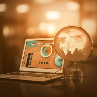 A laptop displays a Medical Billing interface with charts and data, next to a world globe, suggesting global healthcare finance.
