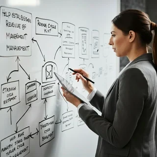 A woman in a gray blazer reviews notes on a clipboard while standing in front of a whiteboard covered in a hand-drawn business process diagram titled Revenue Cycle Mgmt.